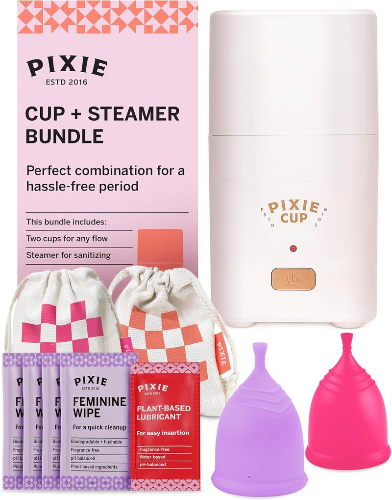 Pixie Cup Pixie Menstrual Cups with Sterilizer - The Most Comfortable Soft Reusable Period Cup - Kills 99.9% of Germs with Clean Steam - Wash Your Cup in 3 Minutes! - Compact Sanitizer Kit for Feminine Care - Image 1
